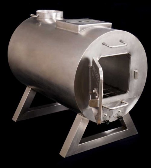 Converts a 55-gallon steel barrel into a wood stove