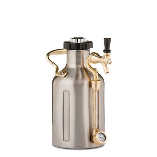stainless ukeg growler with white background